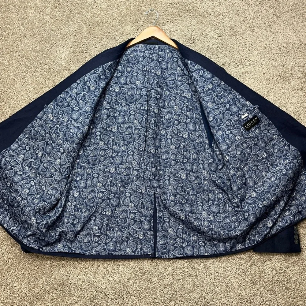 Lauren Ralph Lauren Suit Coat Blazer Men 54R Navy Blue 100% Linen Paisley Lining